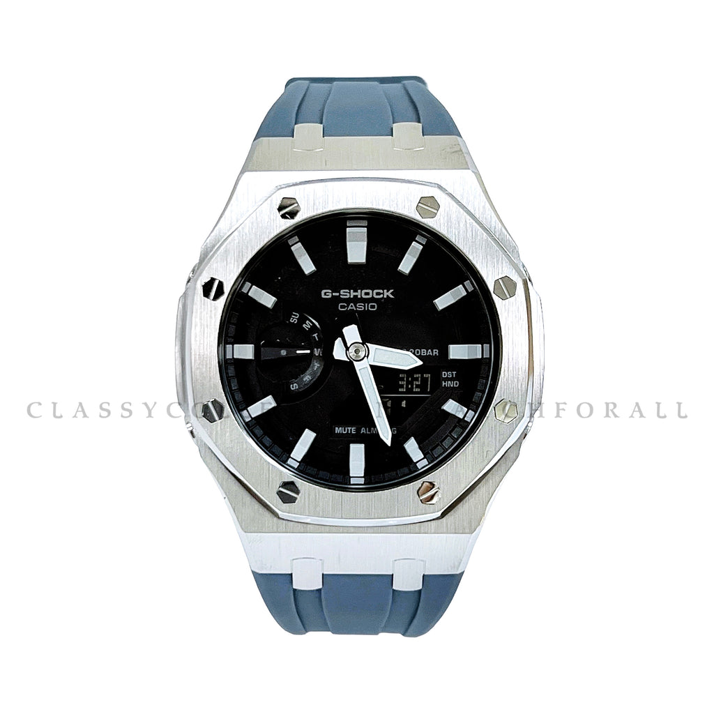 GA-2100-1A With Silver Stainless Steel Case & Grey Rubber Clip Strap