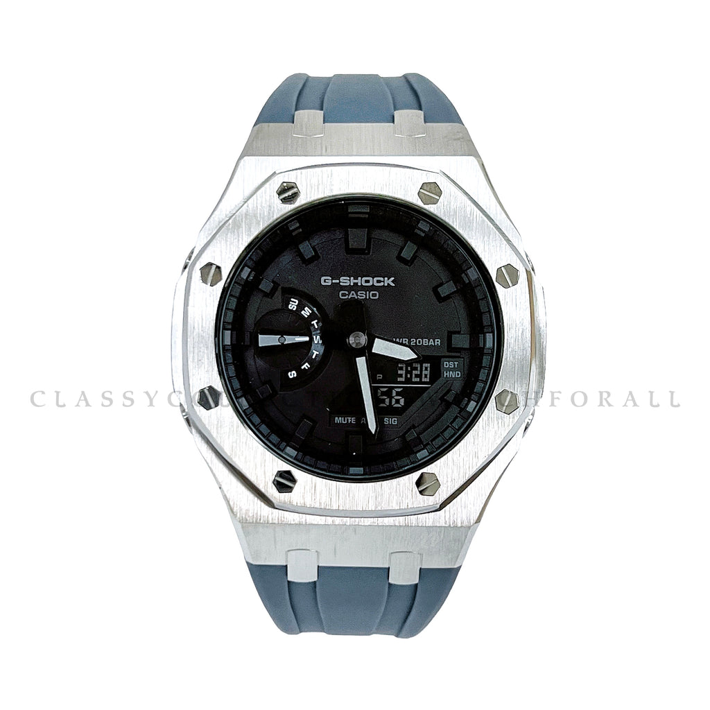 GA-2100-7A With Silver Stainless Steel Case & Grey Rubber Clip Strap