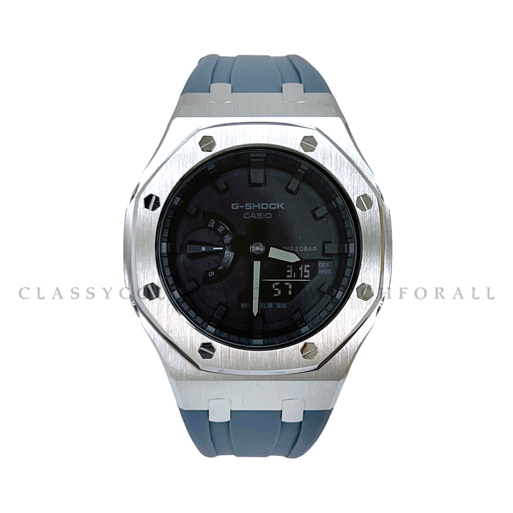 GA-2100-1A1 With Silver Stainless Steel Case & Grey Rubber Clip Strap