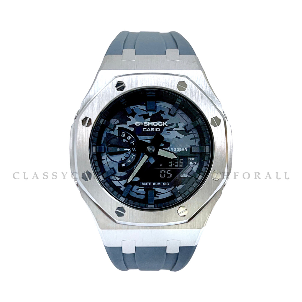 GA-2100CA-8A With Silver Stainless Steel Case & Grey Rubber Clip Strap