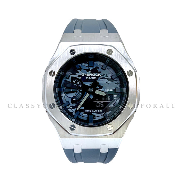 GA-2100CA-8A With Silver Stainless Steel Case & Grey Rubber Clip Strap