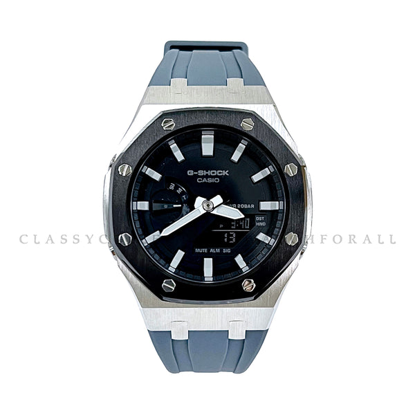 GA-2100-1A With Black & Silver Stainless Steel Case & Grey Rubber Clip Strap