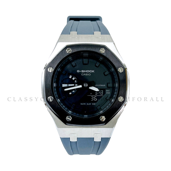 GA-2100-7A With Black & Silver Stainless Steel Case & Grey Rubber Clip Strap