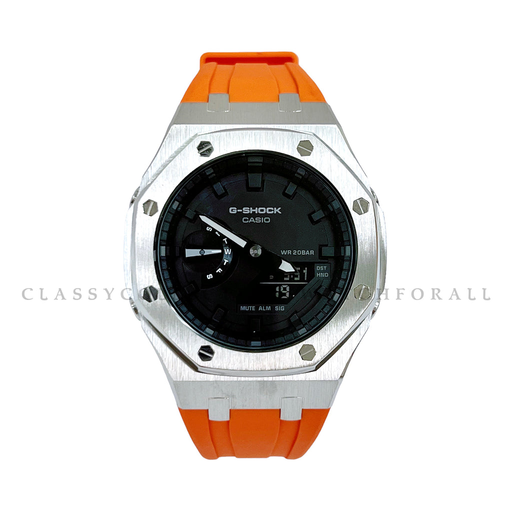 GA-2100-7A With Silver Stainless Steel Case & Orange Rubber Clip Strap