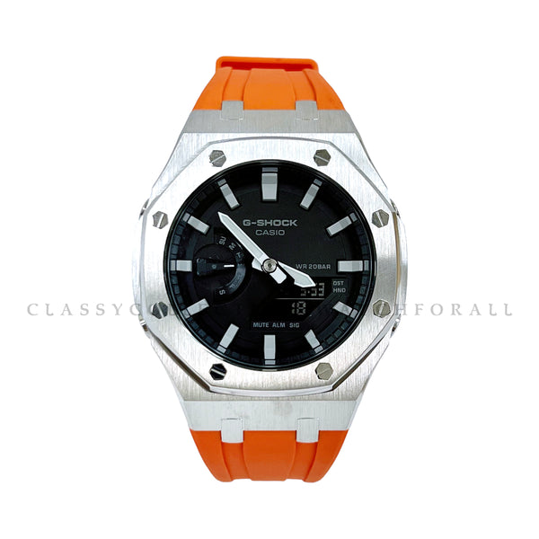 GA-2100-1A With Silver Stainless Steel Case & Orange Rubber Clip Strap