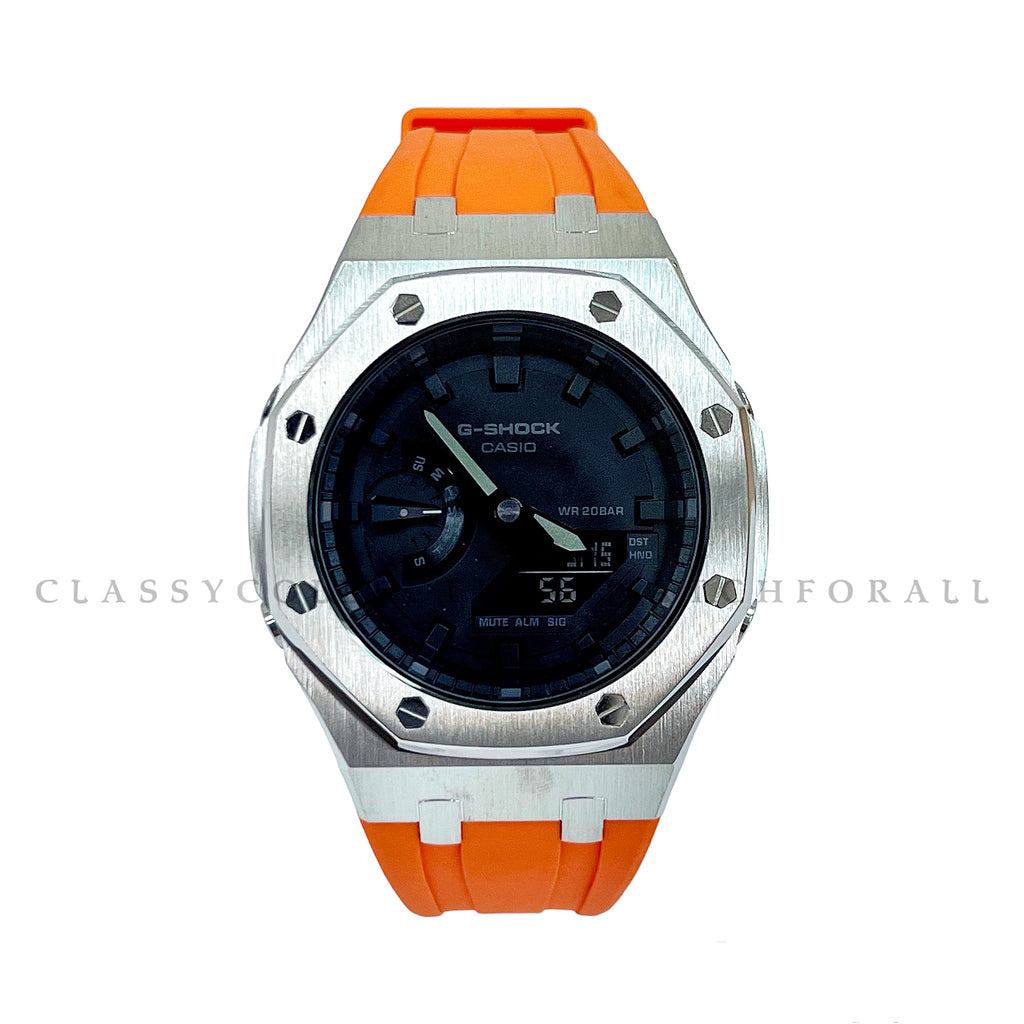 (Preorder) GA-2100-1A1 With Silver Stainless Steel Case & Orange Rubber Clip Strap