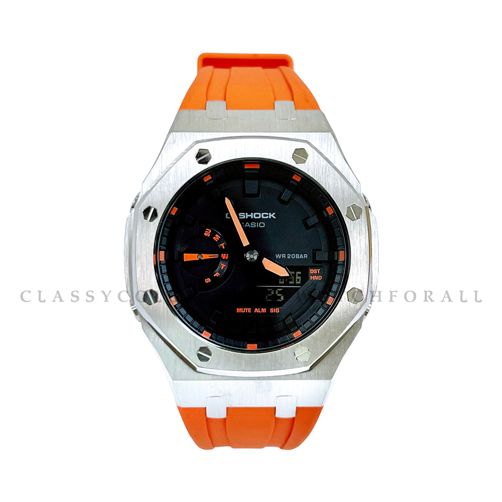 GA-2100-1A4 With Silver Stainless Steel Case & Orange Rubber Clip Strap