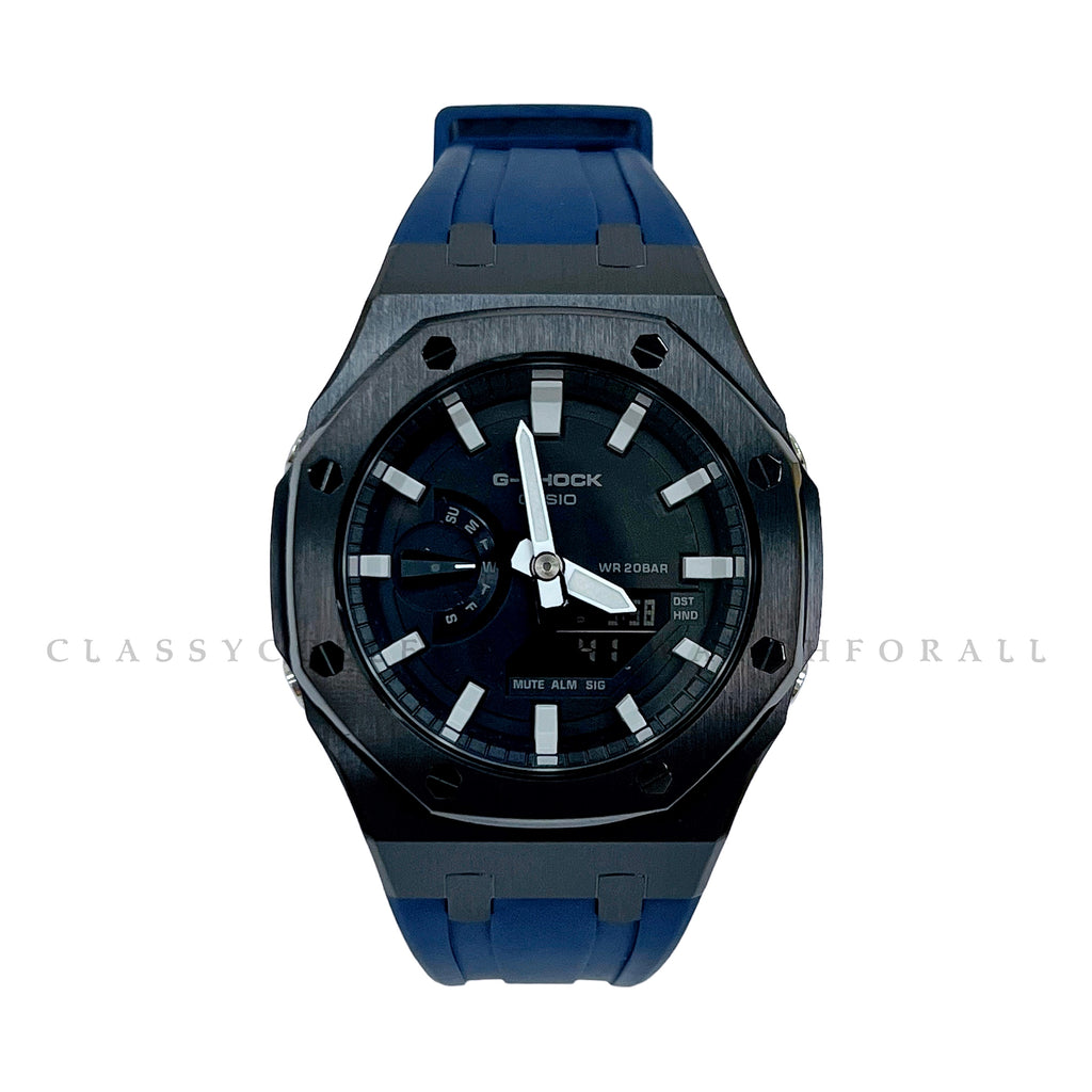 GA-2100-1A With Black Stainless Steel Case & Navy Blue Rubber Clip Strap