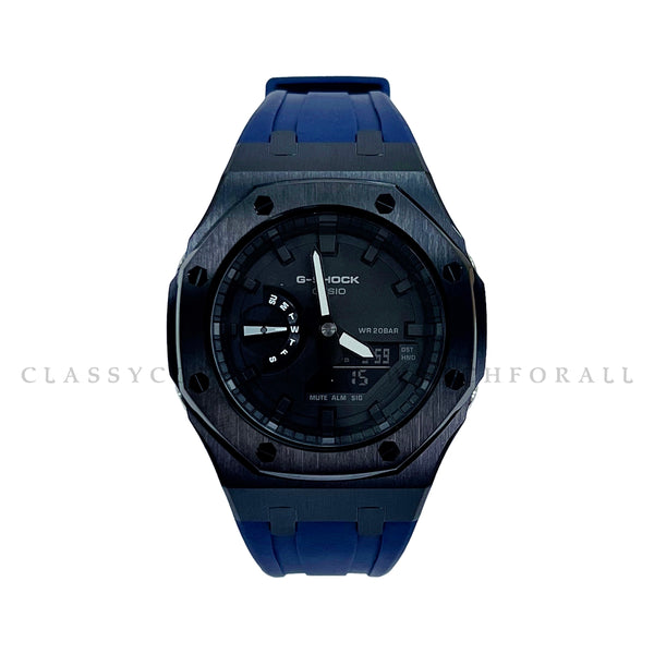GA-2100-7A With Black Stainless Steel Case & Navy Blue Rubber Clip Strap
