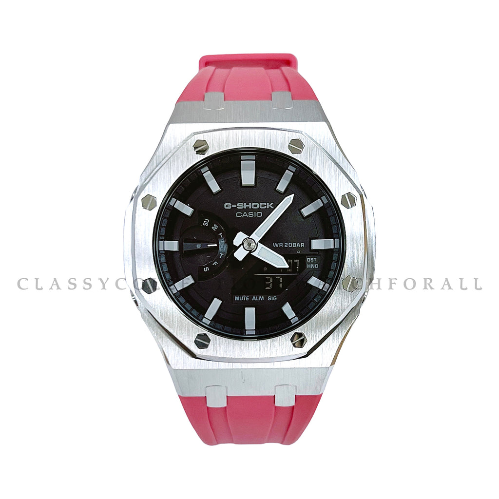 GA-2100-1A With Silver Stainless Steel Case & Pink Rubber Clip Strap