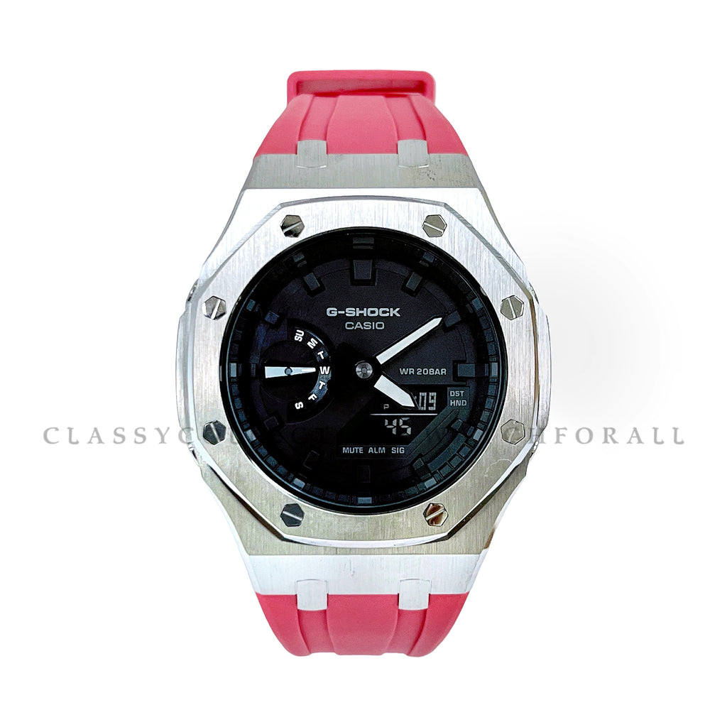 GA-2100-7A With Silver Stainless Steel Case & Pink Rubber Clip Strap
