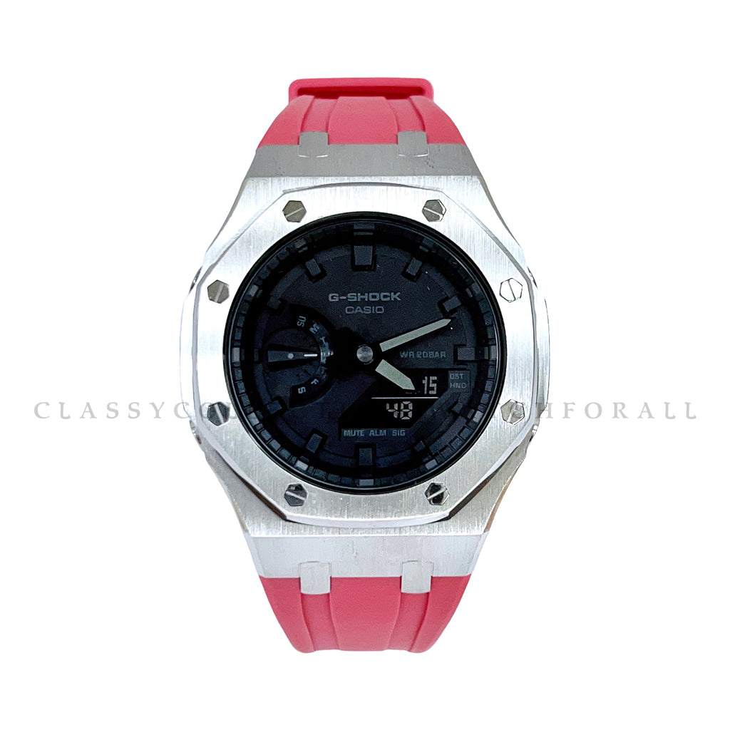 GA-2100-1A1 With Silver Stainless Steel Case & Pink Rubber Clip Strap