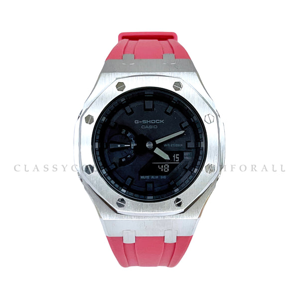 GA-2100-1A1 With Silver Stainless Steel Case & Pink Rubber Clip Strap