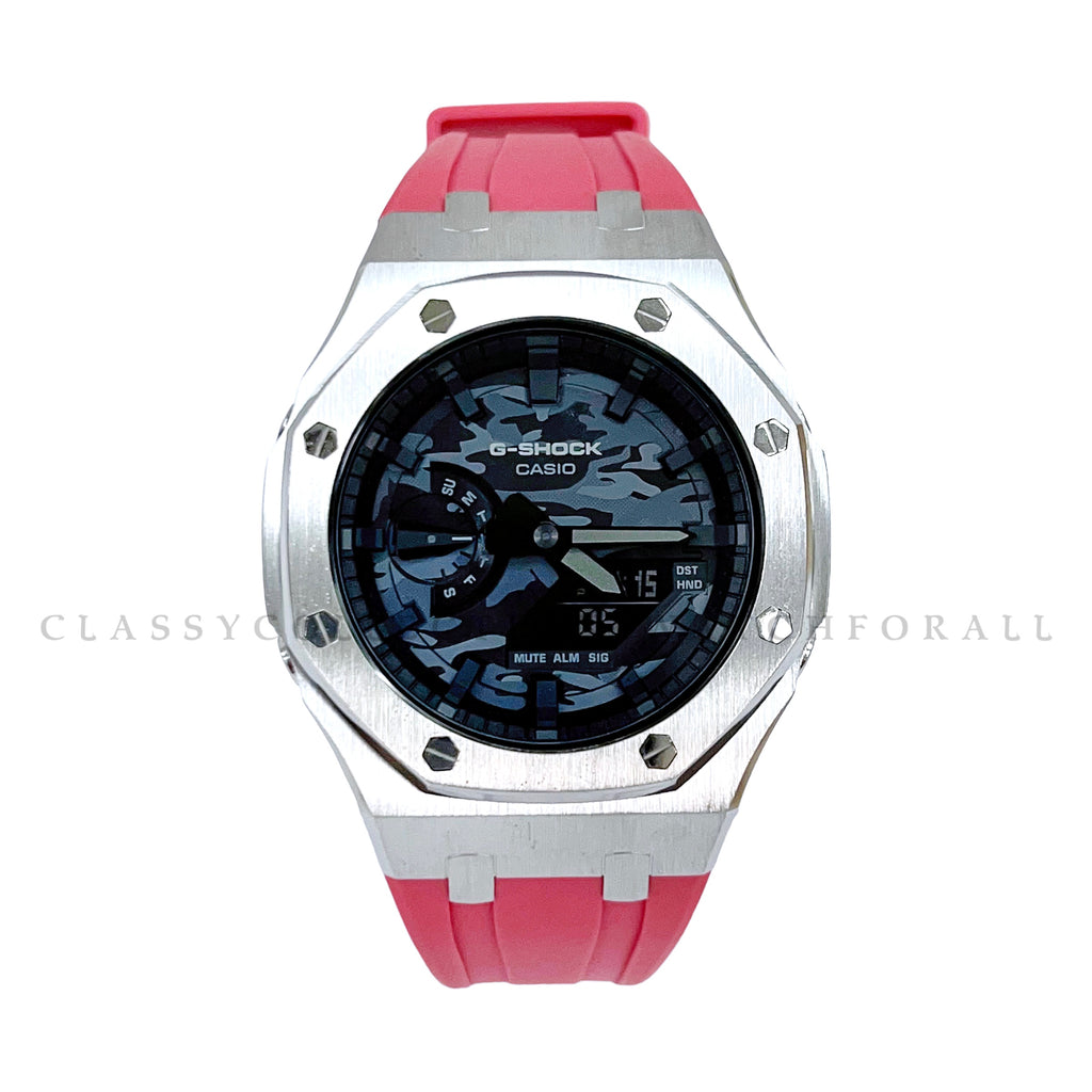 GA-2100CA-8A With Silver Stainless Steel Case & Pink Rubber Clip Strap