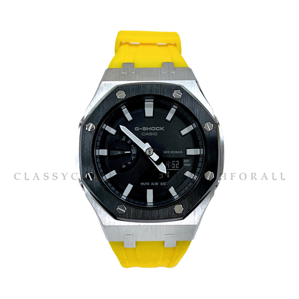 GA-2100-1A With Black & Silver Stainless Steel Case & Yellow Rubber Clip Strap