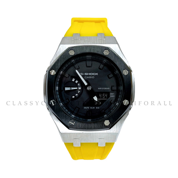 GA-2100-7A With Black & Silver Stainless Steel Case & Yellow Rubber Clip Strap