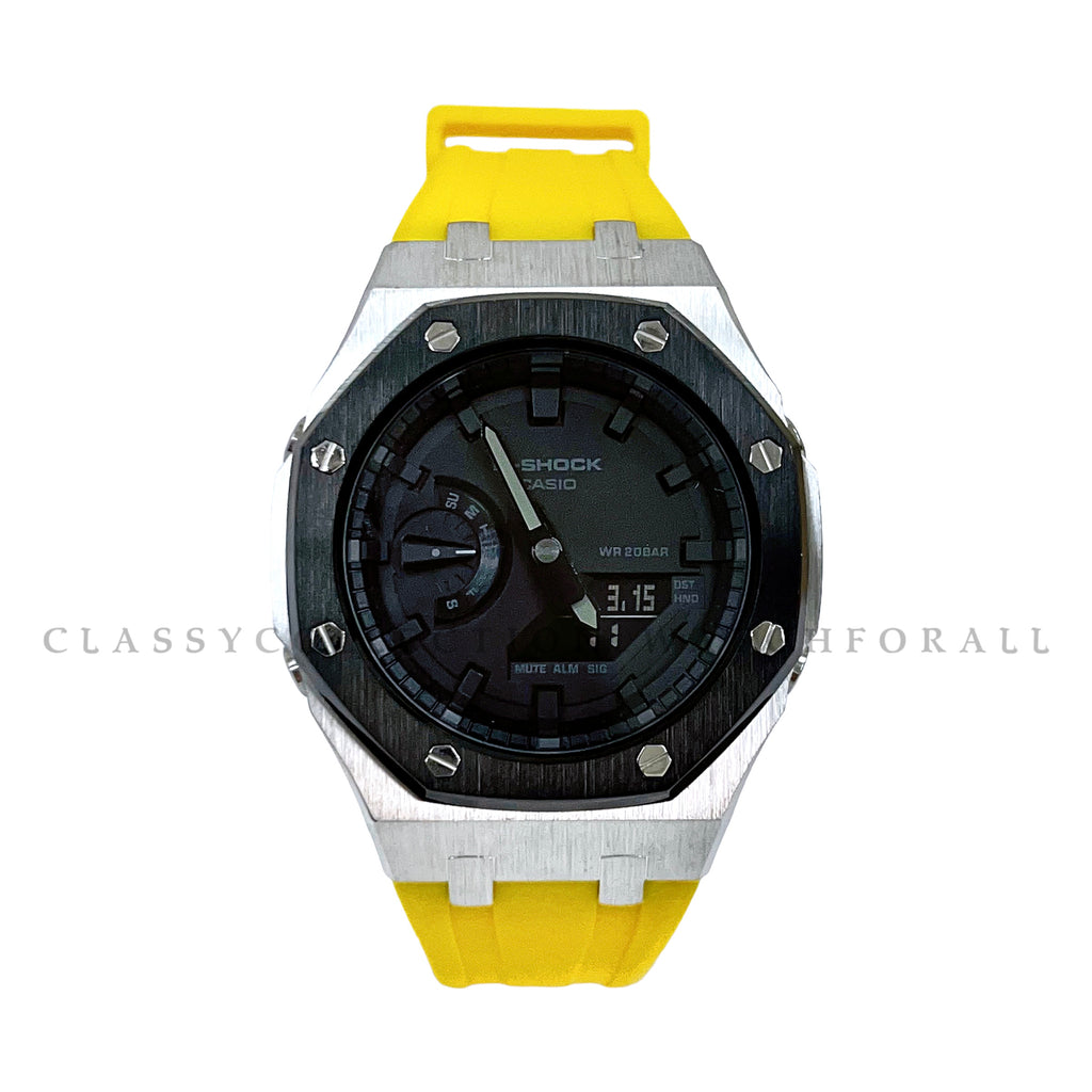 GA-2100-1A1 With Black & Silver Stainless Steel Case & Yellow Rubber Clip Strap