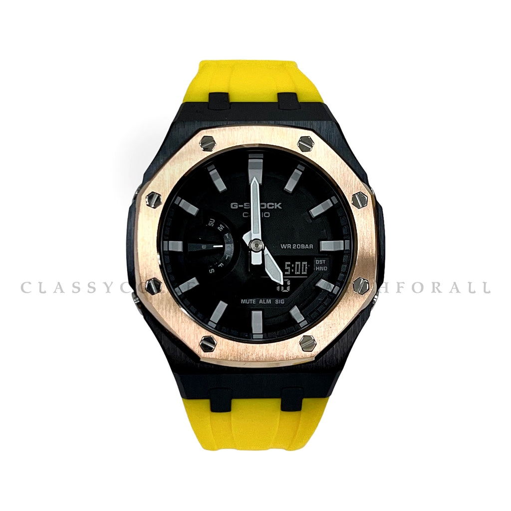 GA-2100-1A With Rose Gold & Black Stainless Steel Case & Yellow Rubber Clip Strap