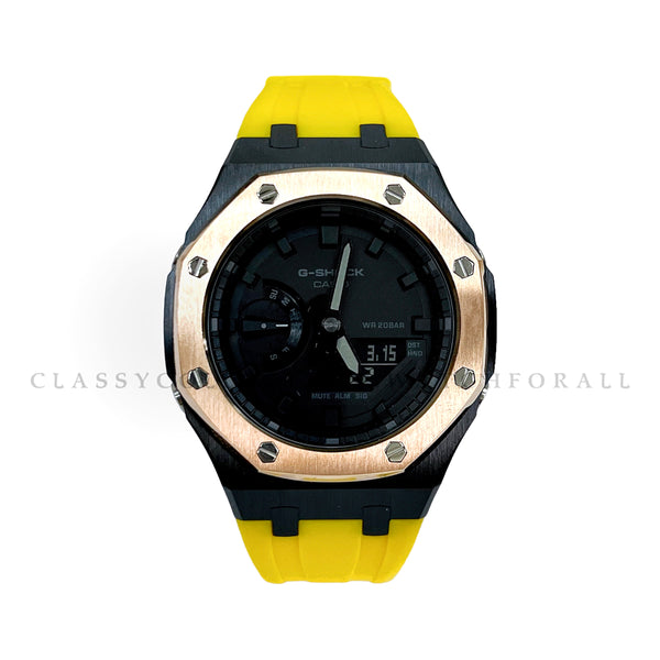 GA-2100-1A1 With Rose Gold & Black Stainless Steel Case & Yellow Rubber Clip Strap