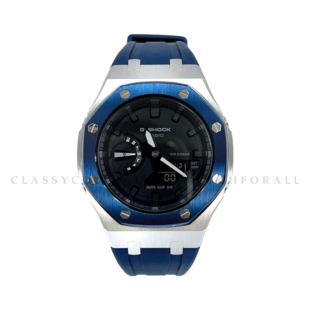 GA-2100-7A With Navy Blue & Silver Stainless Steel Case & Navy Blue Rubber Clip Strap