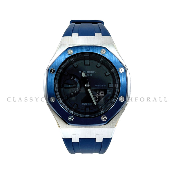 GA-2100-1A1 With Navy Blue & Silver Stainless Steel Case & Navy Blue Rubber Clip Strap