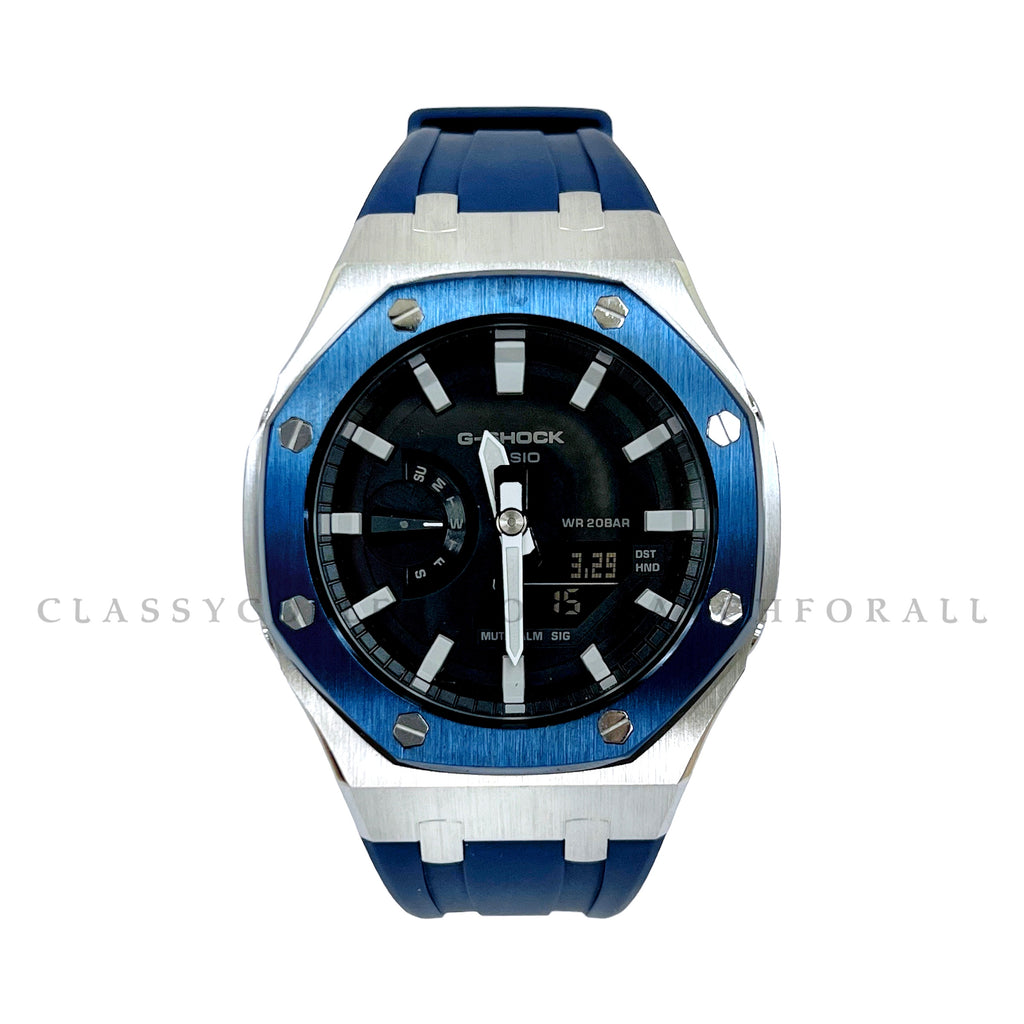 GA-2100-1A With Navy Blue & Silver Stainless Steel Case & Navy Blue Rubber Clip Strap