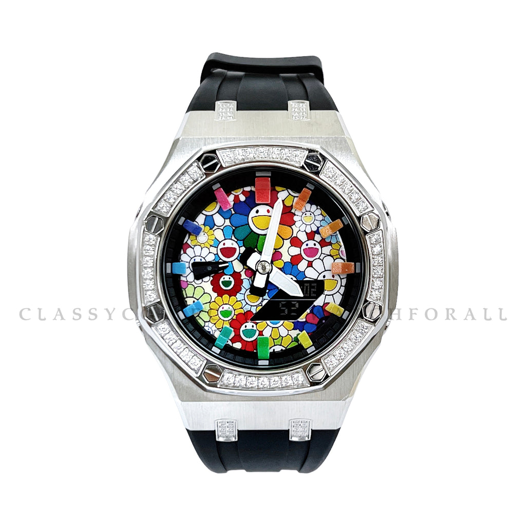 GA-2100-1A Customized Murakami Set With Silver Crystal Studded Stainless Steel Case & Black Rubber Clip Strap