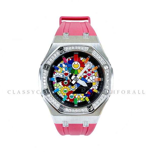 GA-2100-1A Customized Murakami Set With Silver Crystal Studded Stainless Steel Case & Pink Rubber Clip Strap