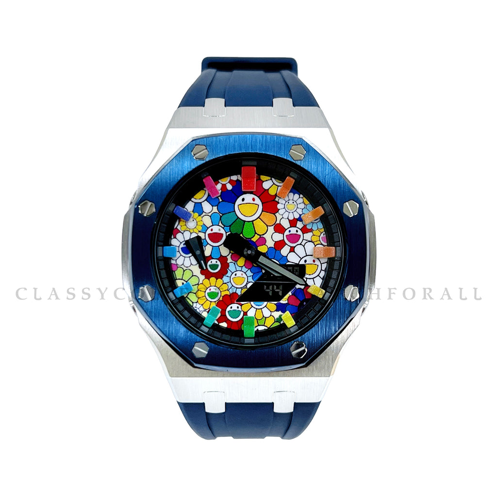 GA-2100-1A1 Customized Murakami Set With Navy Blue & Silver Stainless Steel Case & Navy Blue Rubber Clip Strap