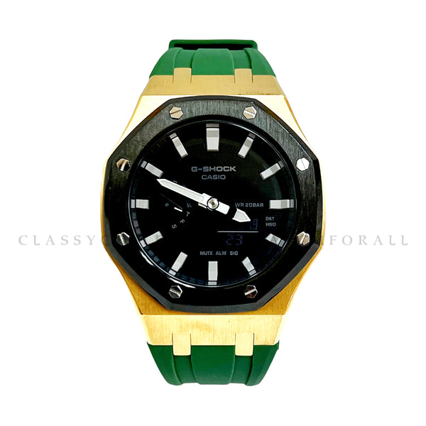 GA-2100-1A With Black & Gold Stainless Steel Case & Green Rubber Clip Strap