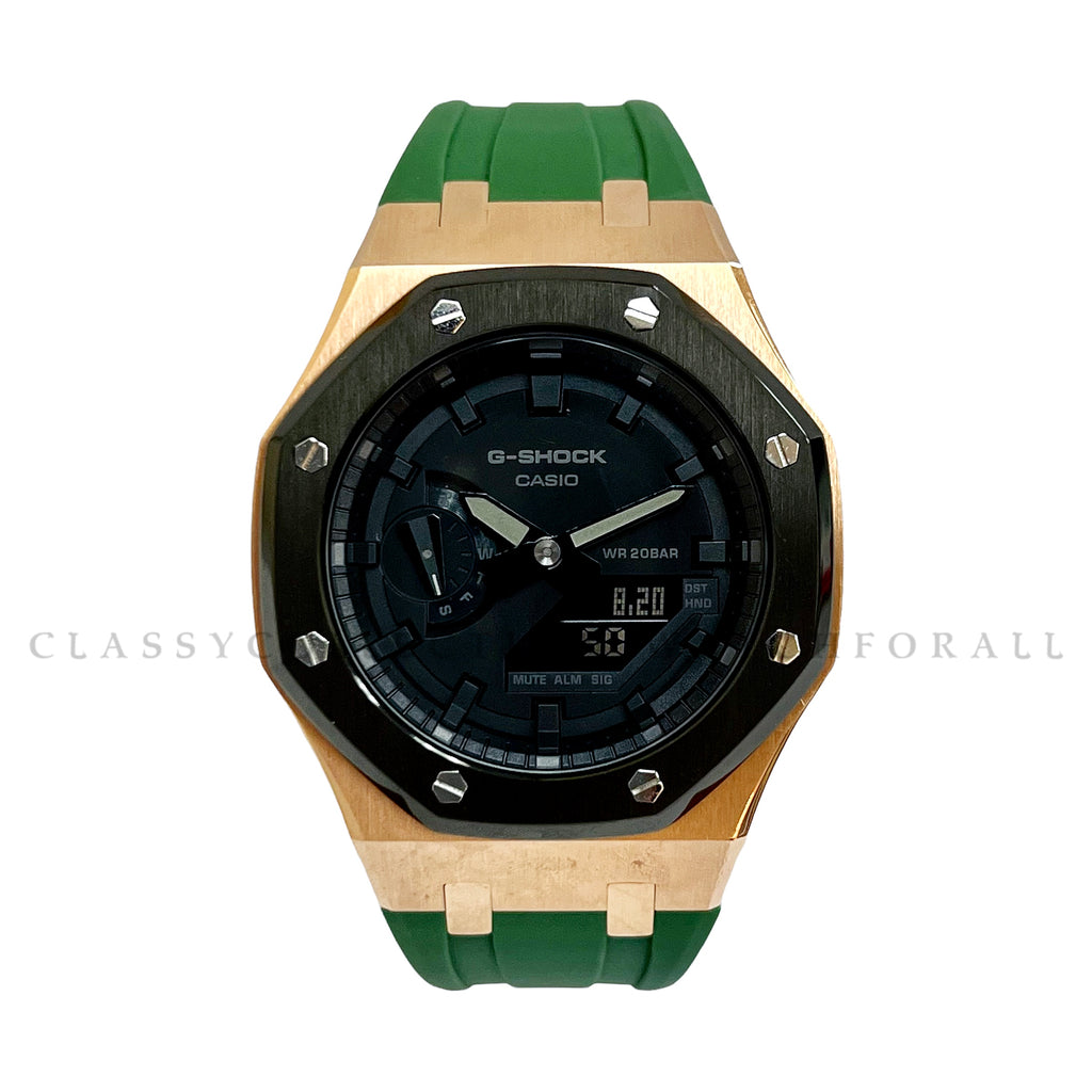 GA-2100-1A1 With Black & Rose Gold Stainless Steel Case & Green Rubber Clip Strap