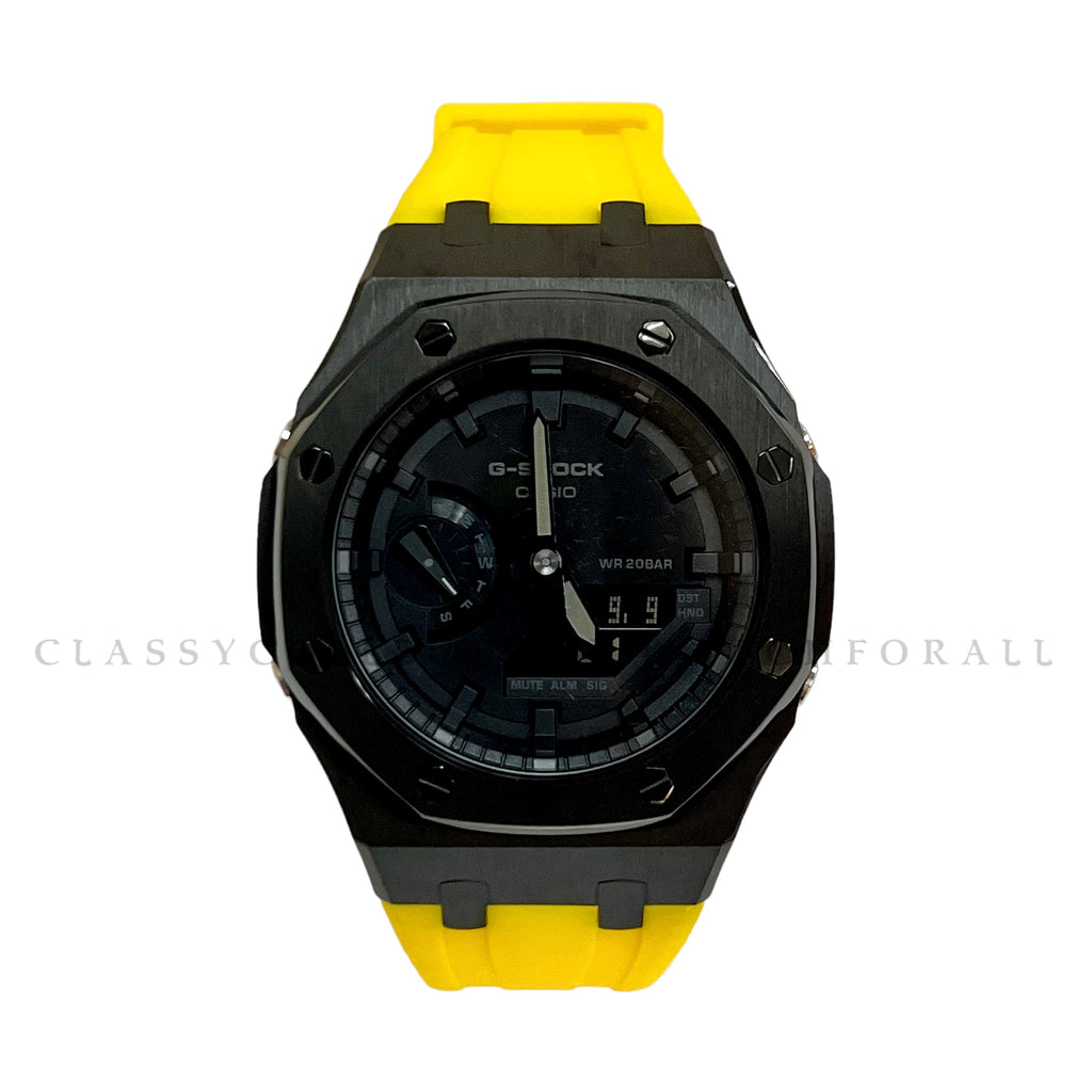 GA-2100-1A1 With Black Stainless Steel Case & Yellow Rubber Clip Strap