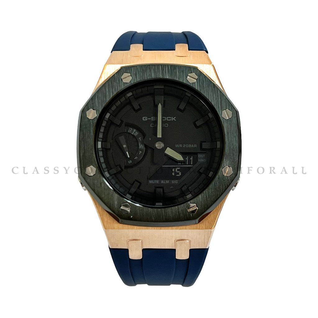 GA-2100-1A1 With Black & Rose Gold Stainless Steel Case & Navy Blue Rubber Clip Strap