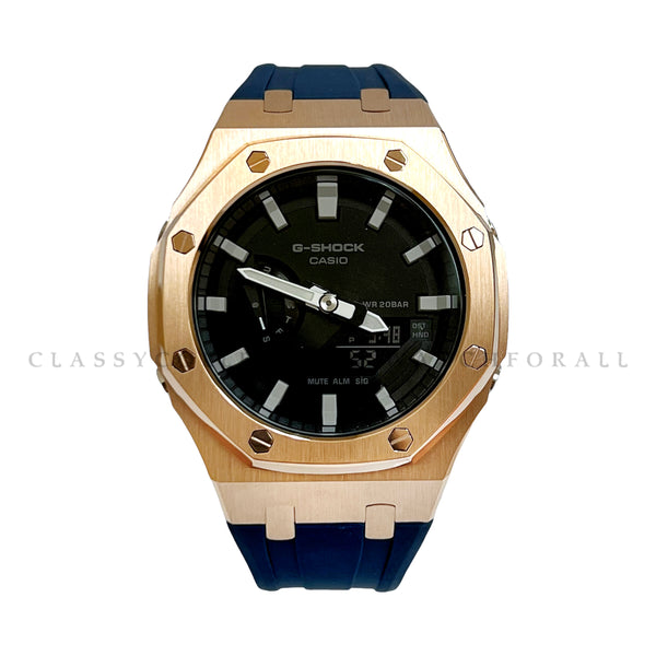 GA-2100-1A With Rose Gold Stainless Steel Case & Navy Blue Rubber Clip Strap