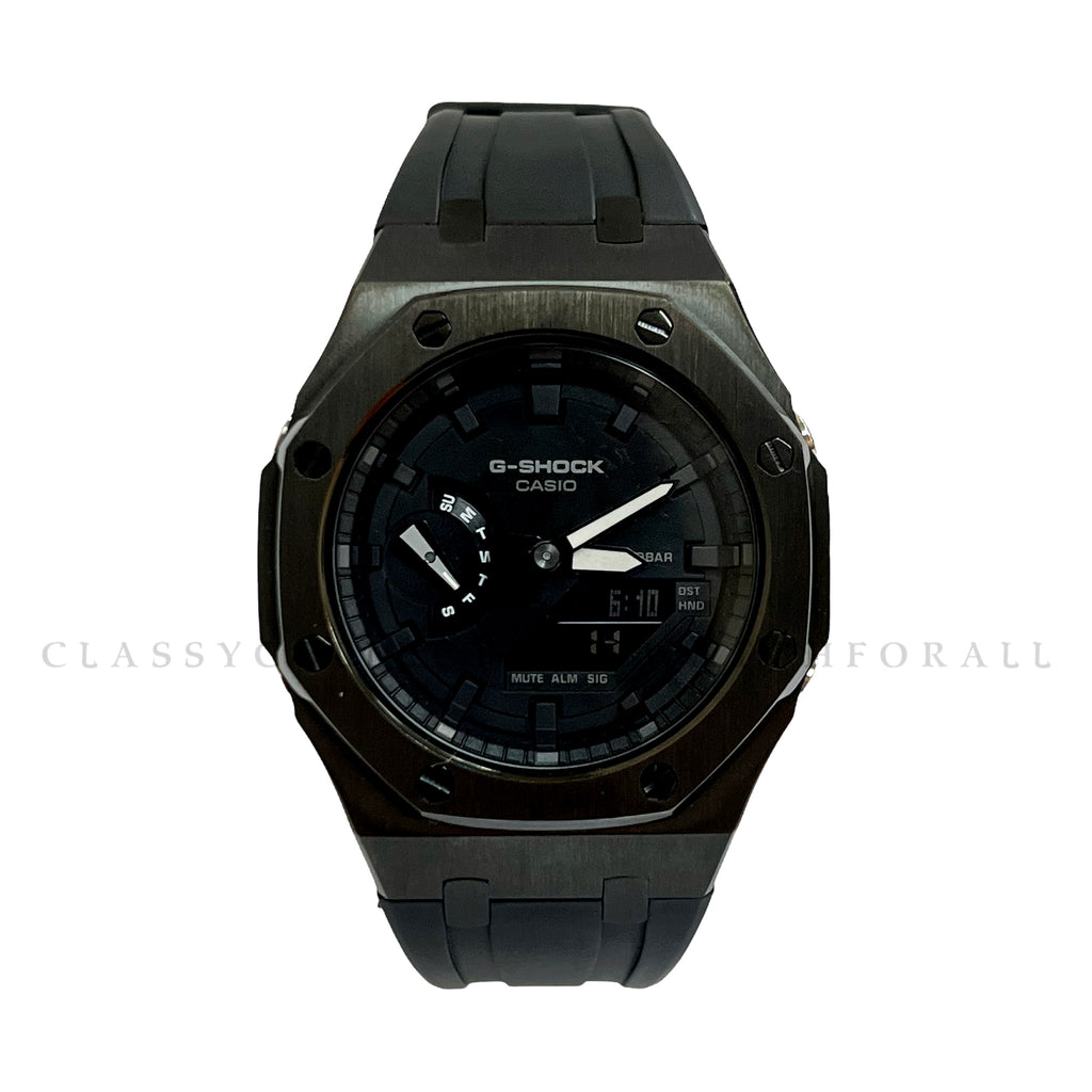GA-2100-7A With Black Stainless Steel Case & Black Rubber Clip Strap