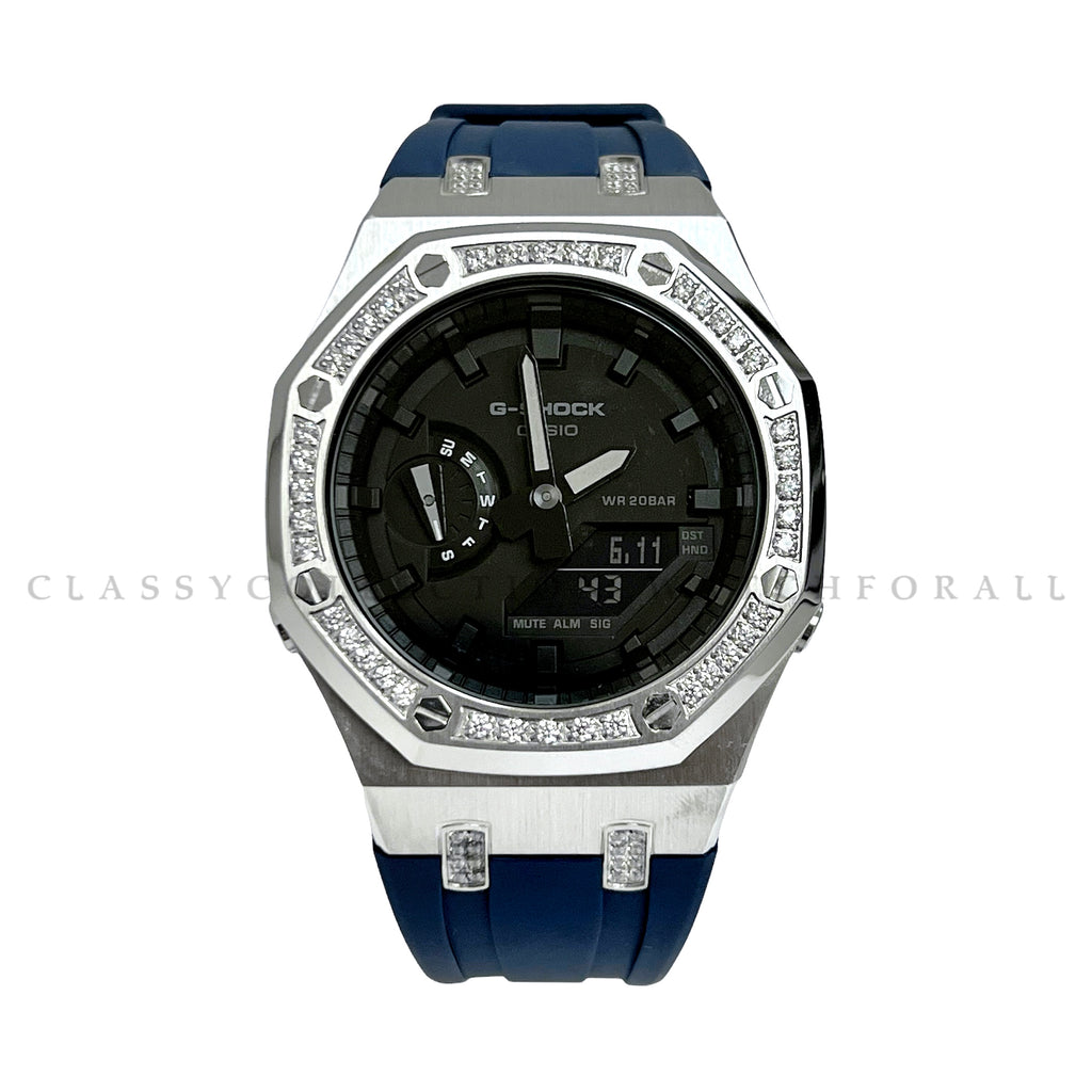 GA-2100-7A With Silver Crystal Studded Stainless Steel Case & Navy Blue Rubber Clip Strap