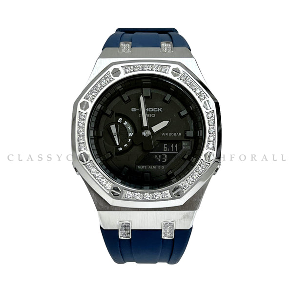 GA-2100-7A With Silver Crystal Studded Stainless Steel Case & Navy Blue Rubber Clip Strap