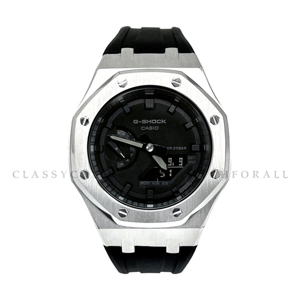 GA-2100-1A1 With Silver Stainless Steel Case & Black Rubber Clip Strap