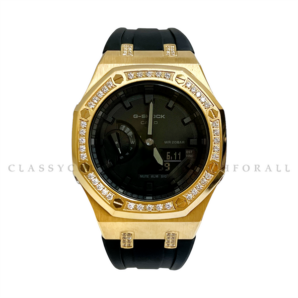 GA-2100-1A1 With Gold Crystal Studded Stainless Steel Case & Black Rubber Clip Strap