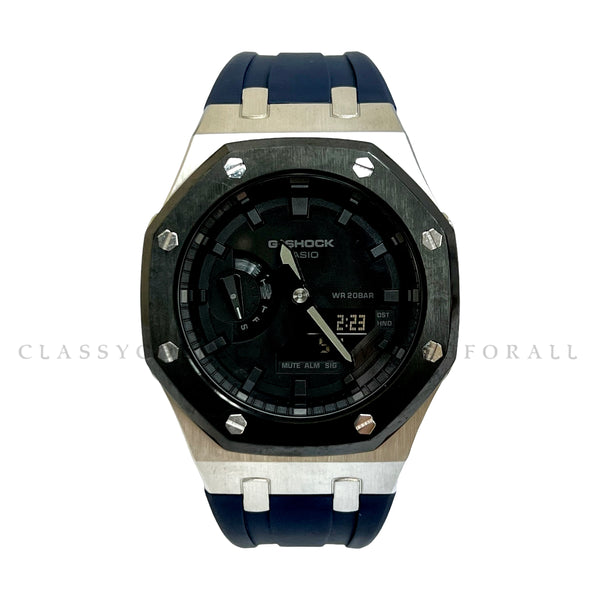 GA-2100-1A1 With Black & Silver Stainless Steel Case & Navy Blue Rubber Clip Strap