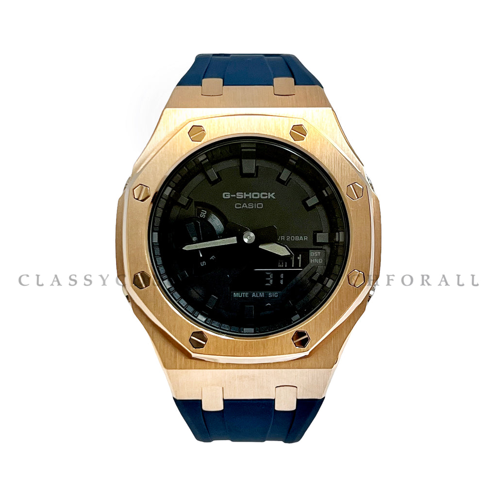 GA-2100-1A1 With Rose Gold Stainless Steel Case & Navy Blue Rubber Clip Strap