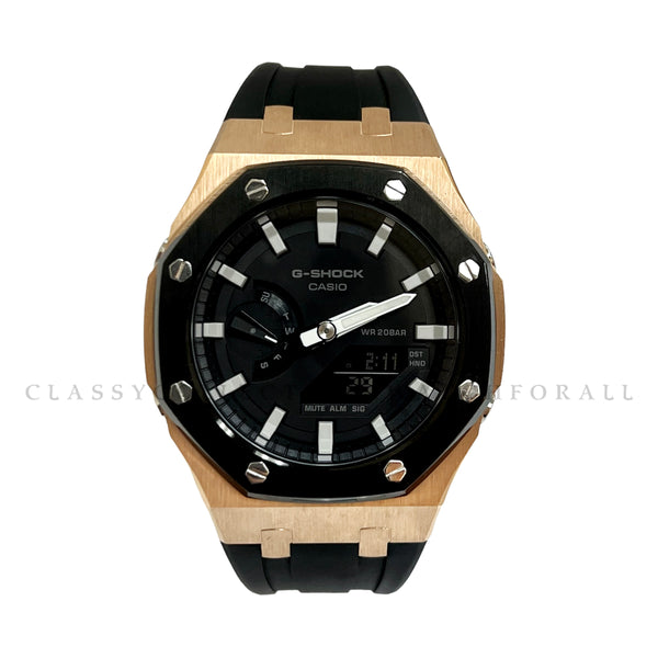 GA-2100-1A With Black & Rose Gold Stainless Steel Case & Black Rubber Clip Strap