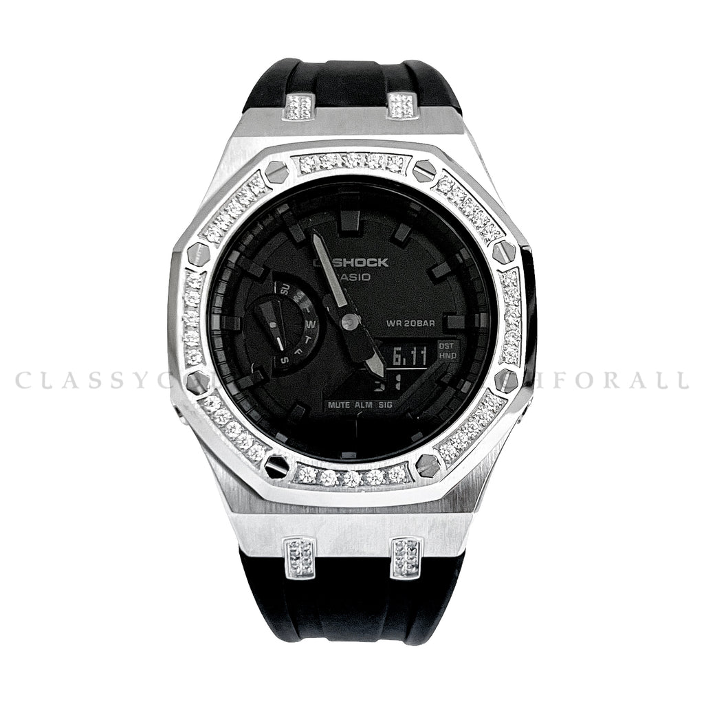 GA-2100-1A1 With Silver Crystal Studded Stainless Steel Case & Black Rubber Clip Strap