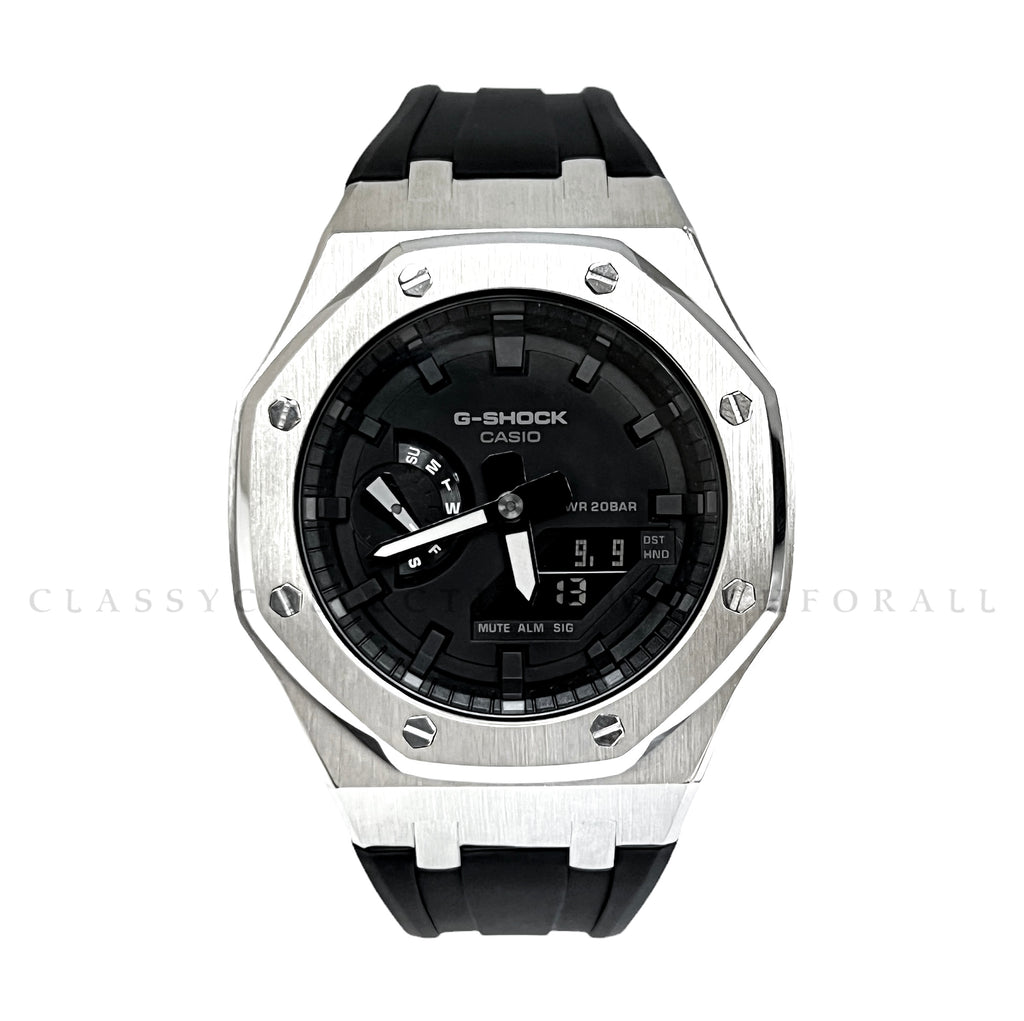 GA-2100-7A With Silver Stainless Steel Case & Black Rubber Clip Strap