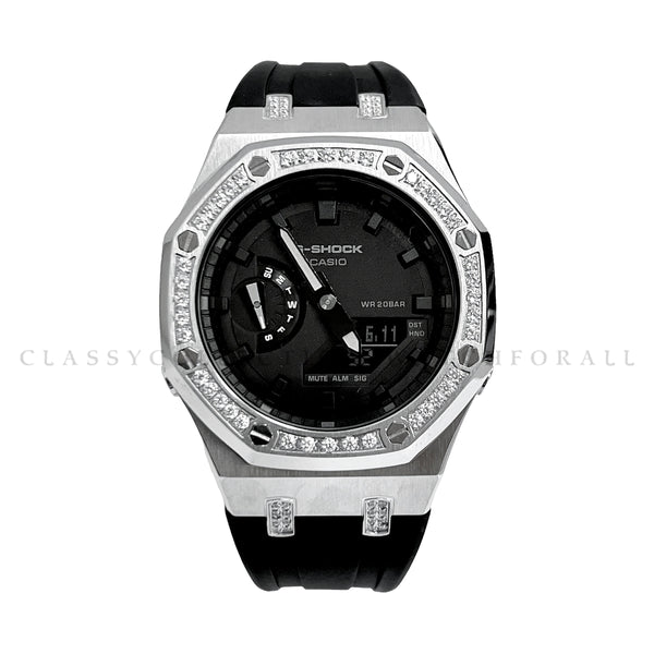 GA-2100-7A With Silver Crystal Studded Stainless Steel Case & Black Rubber Clip Strap