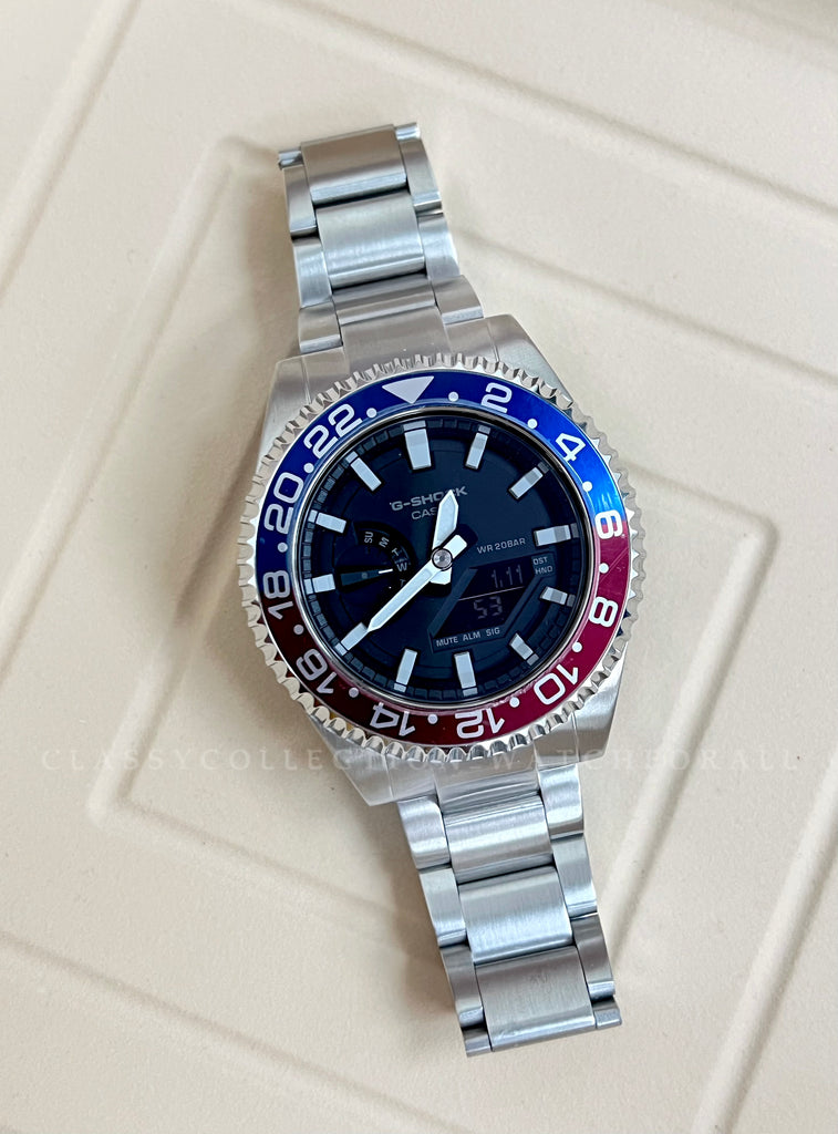 GA-2100-1A With The R Series Blue Red Bezel & Silver Stainless Steel Set