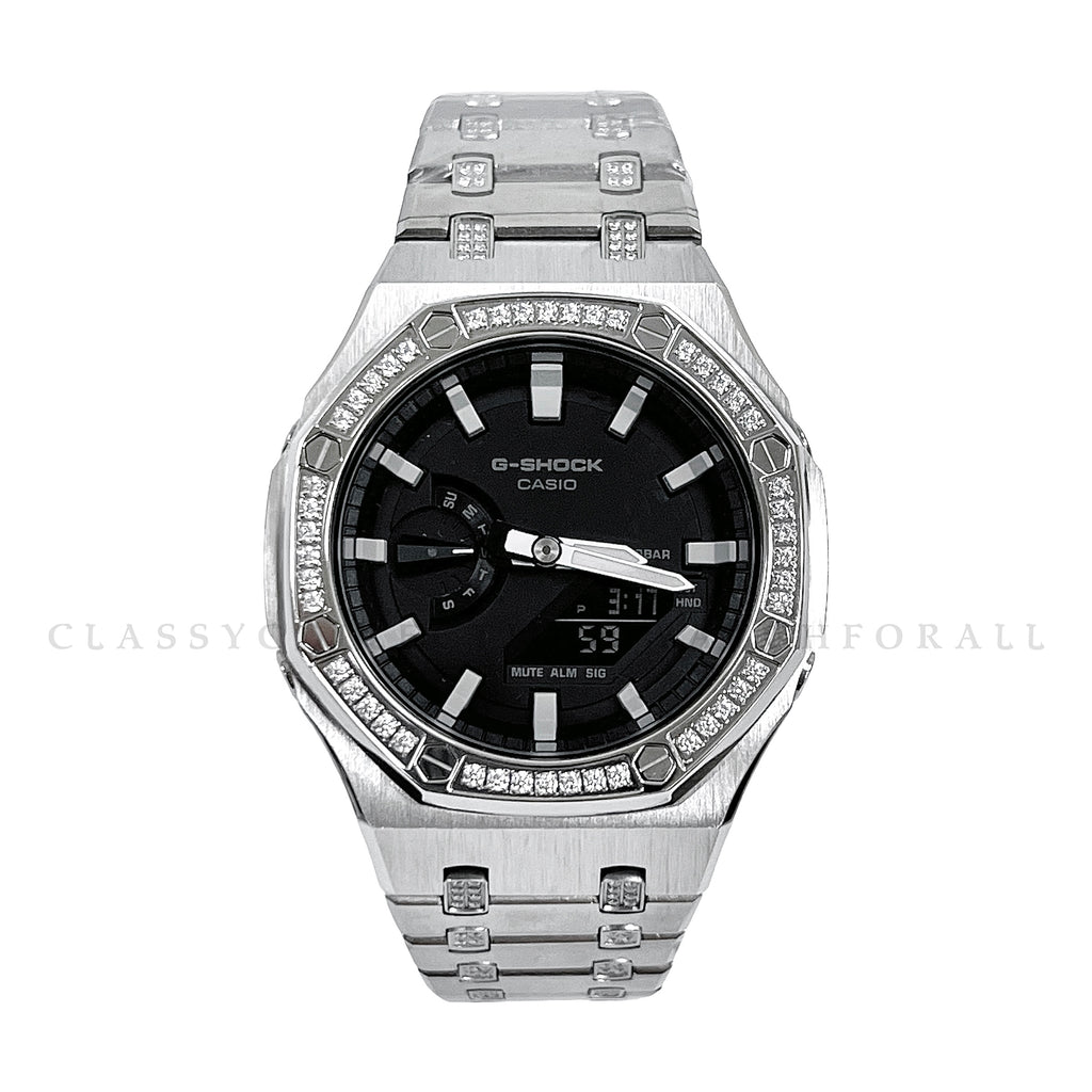 GA-2100-1A With Silver Stainless Steel Bezel & Strap Partial Crystal Set