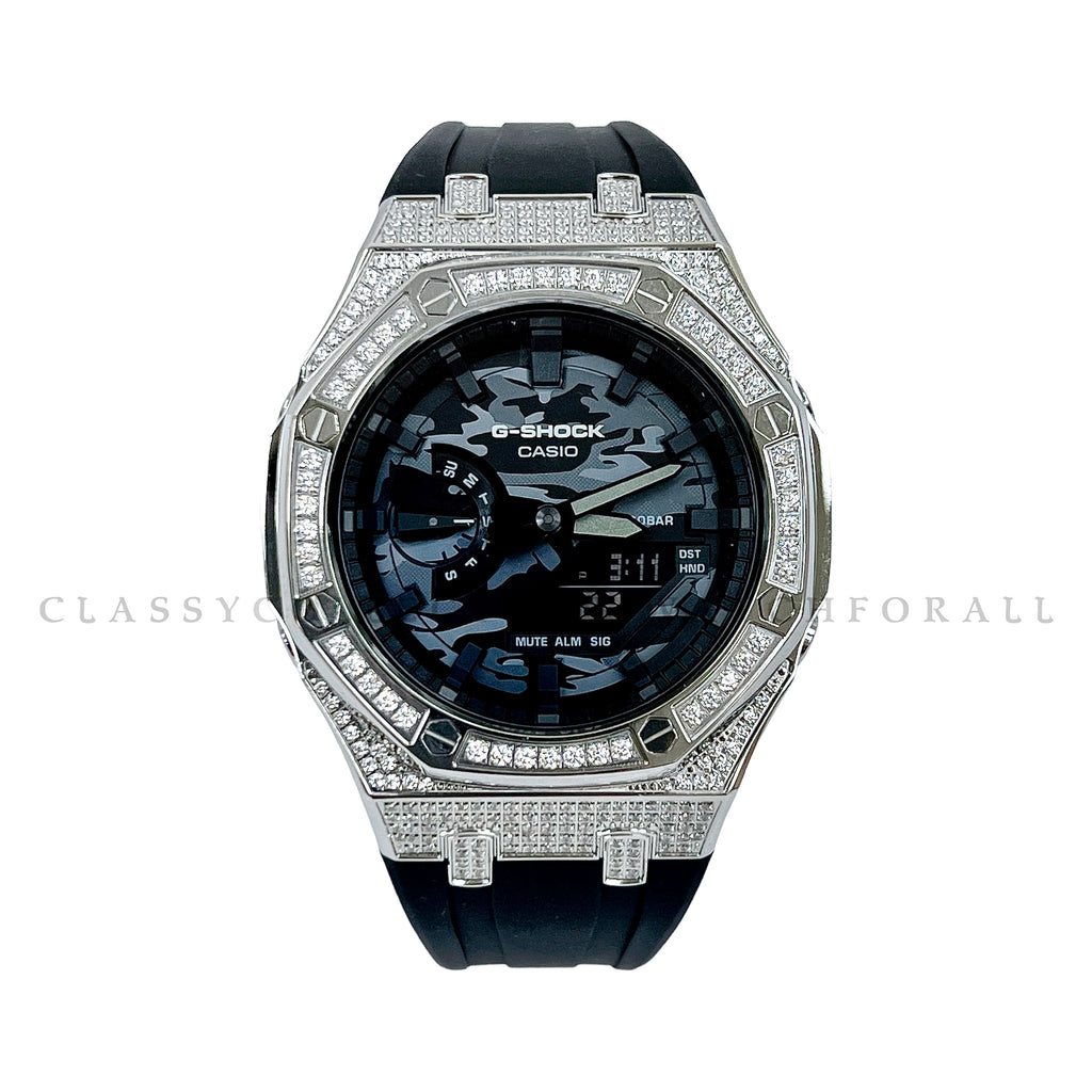 GA-2100CA-8A With Silver Stainless Steel Crystal Case & Black Rubber Clip Strap