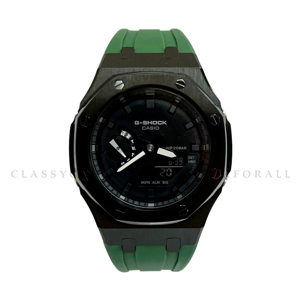 GA-2100-7A With Black Stainless Steel Case & Green Rubber Clip Strap