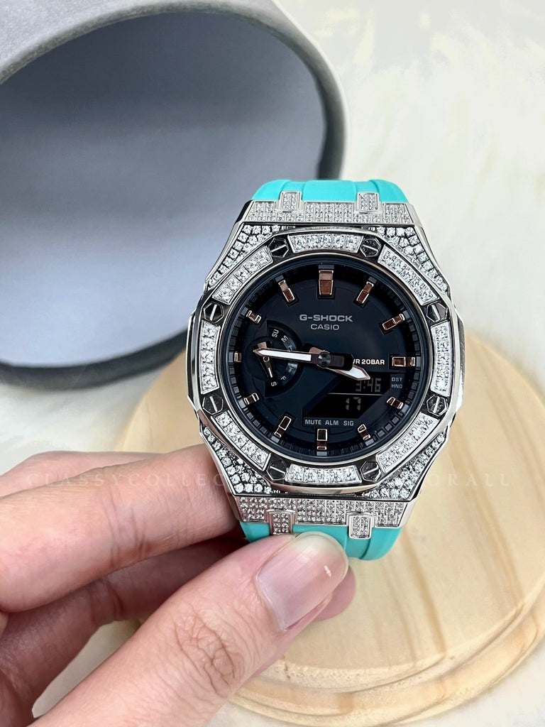 GMA-S2100-1ADR With Silver 424 pcs Crystal Stainless Steel Case & Tiffany Blue Rubber Clip Strap